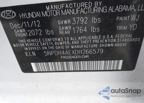 2013 Hyundai Elantra Limited z USA, uszkodzony, nr VIN 5NPDH4AEXDH266579